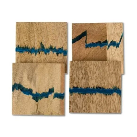 (x4) River-Look Wood & Blue Resin Drink Coaster Set - Picture 4 of 10